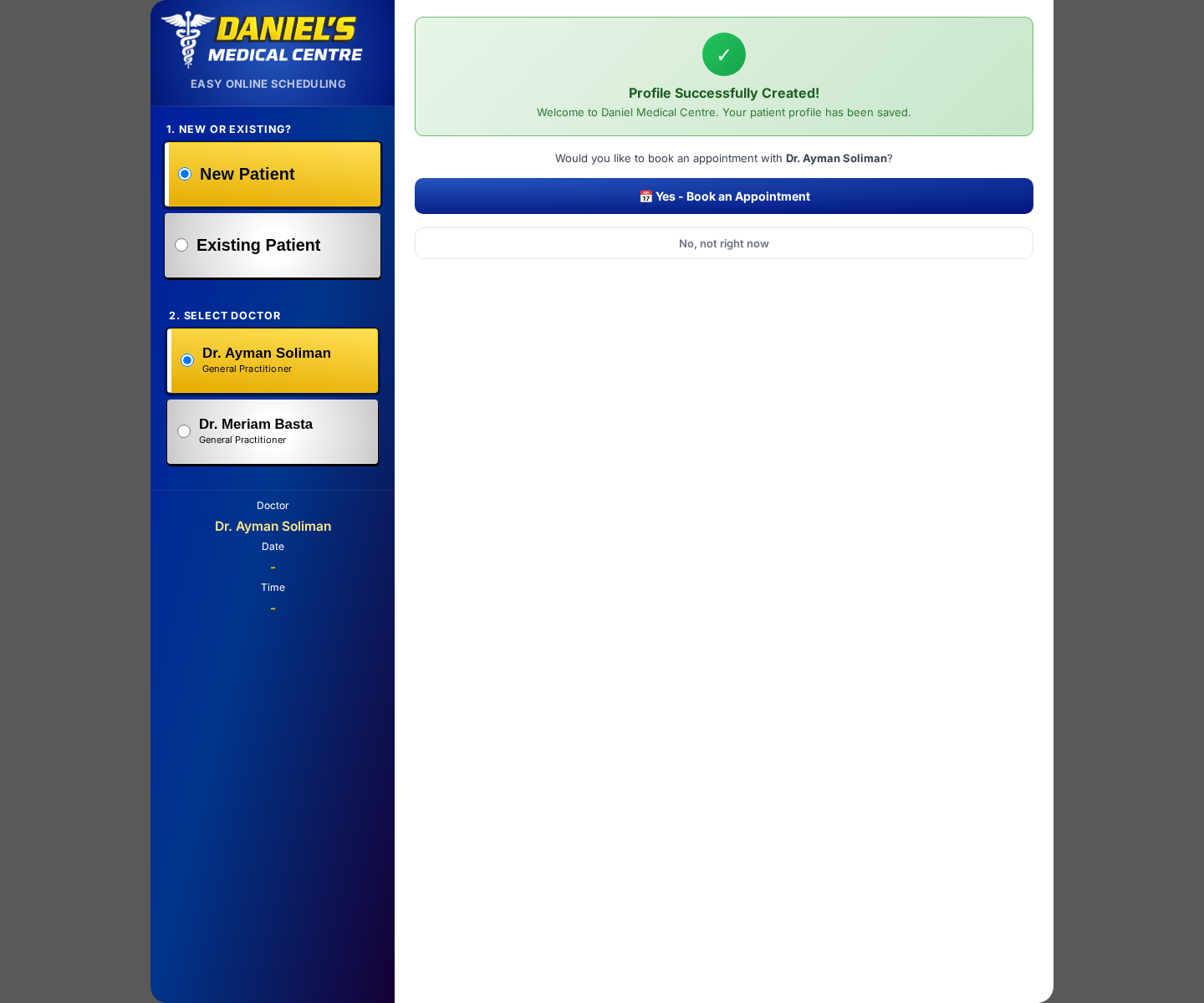 B1 Profile Successfully Created — appointment with Dr. Ayman Soliman, chart 9435
